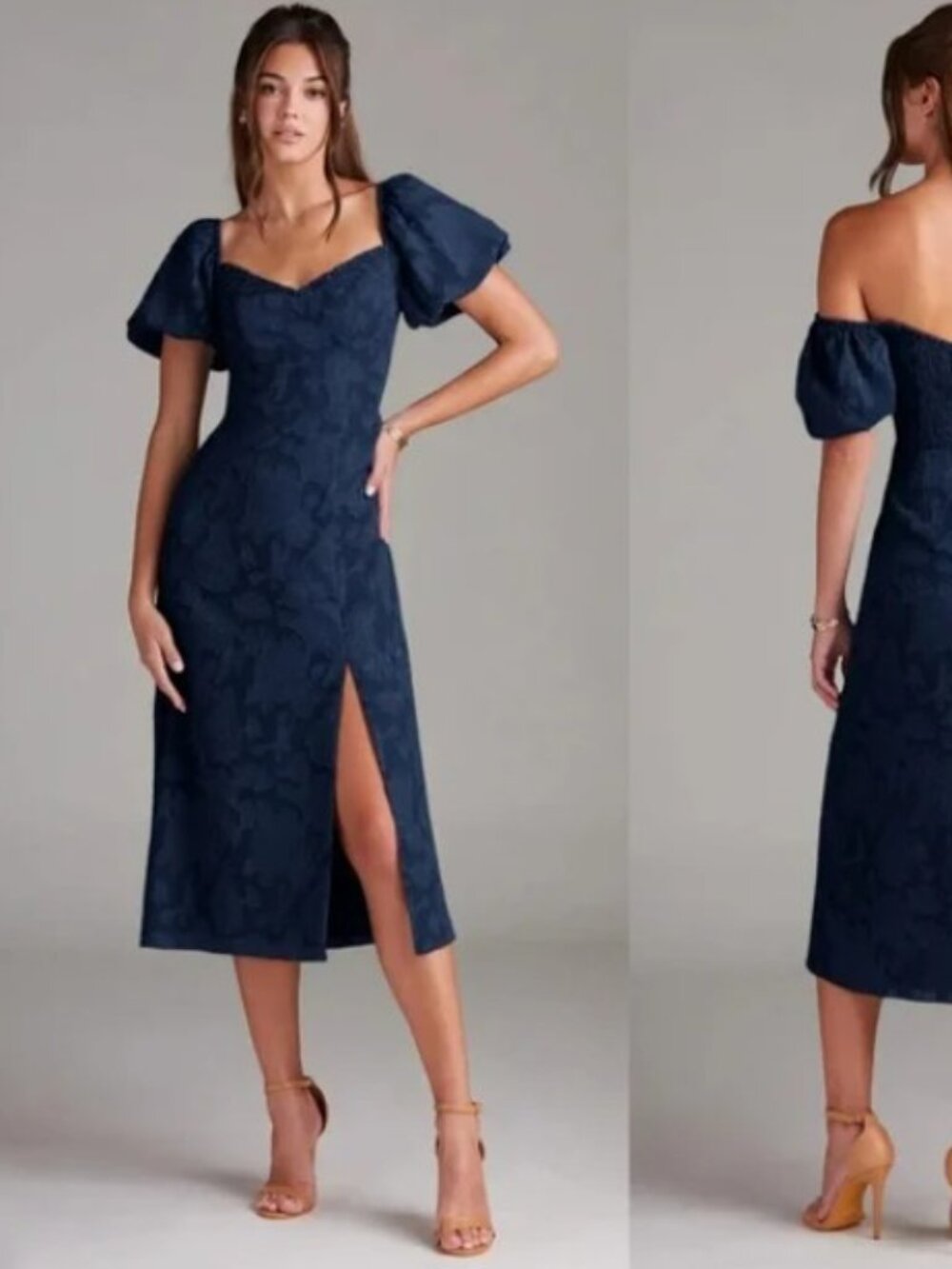 Azazie Navy Blue Midi Dress Evalina Sweetheart Puff Sleeve Floral New Tags 10